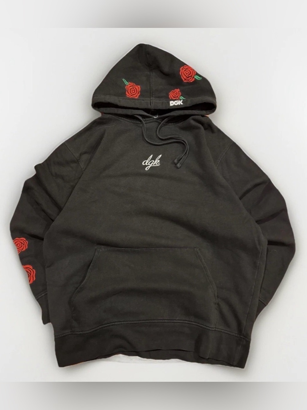 DGK Hoodie Dirty Ghetto Kids Sweatshirt Skateboarding Size Large Black Roses Y2K